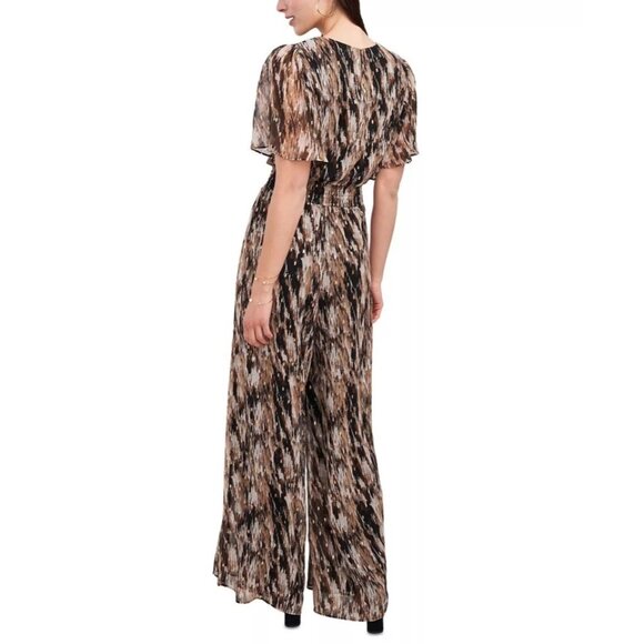 MSK Womens Wide Leg Smocked Jumpsuit Short Sleeve Pinstripe Brown Size Medium - Picture 2 of 5